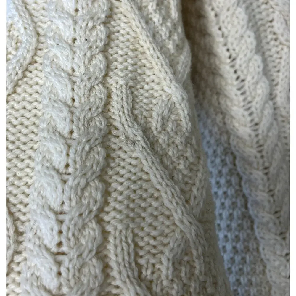 Aran Crafts 100% Merino Wool Shawl Collar Cable Knit Pullover Sweater Cream XL
